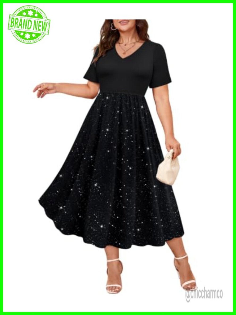 Plus Size V Neck Patchwork Short Sleeve Dress